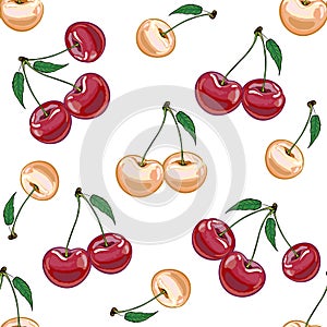 Seamless texture of beige and red cherry on white background