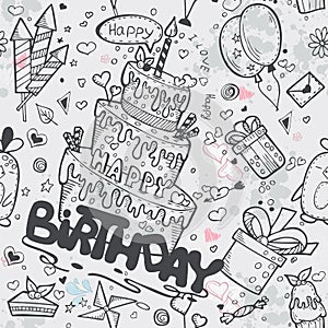 Seamless texture of the birthday with a birthday cake, balloons, rockets, cartoon characters photo