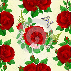 Seamless texture bouquet of red roses and rosebuds and butterfly festive botanical background vintage vector illustration editabl