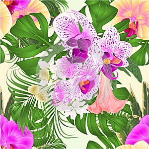 Seamless texture bouquet with tropical flowers floral arrangement, with beautiful purple and white orchid, palm,philodendron and