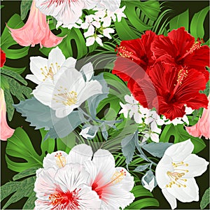 Seamless texture bouquet with tropical flowers floral arrangement, with beautiful red white and yellow hibiscus and Jasmine , pal