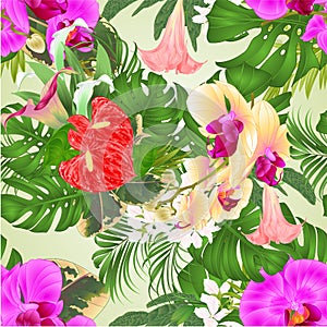 Seamless texture bouquet with tropical flowers floral arrangement purple and yellow orchids Phalaenopsis,lilies Cala and anthuri