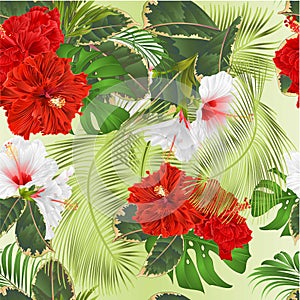 Seamless texture bouquet with tropical flowers set floral arrangement with beautiful white and red hibiscus corrugated palm,