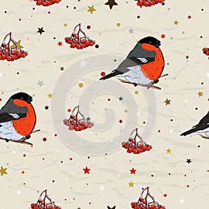 Seamless texture with bullfinch and rowan from new Christmas collection.