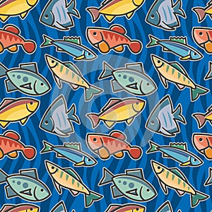 Seamless texture with cartoon fishes on blue backgrownd