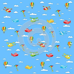 Seamless texture with cartoon transport. Helicopter, aircraft