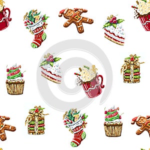Seamless texture Christmas decoration cookies cupcake and mug of coaco digital painting illustration