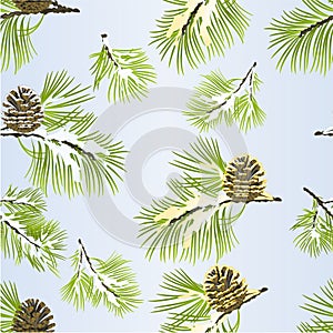 Seamless texture  Christmas and New Year decoration golden pine cone and snow pine cone  fir tree branches vintage vector