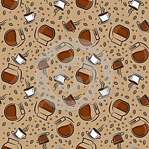 Seamless texture with cups of coffee and coffee.