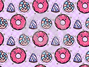 Seamless texture with cute, kawai donut and candy on pink polka background. Vector pattern