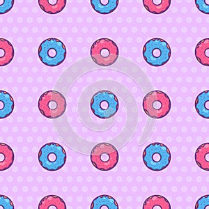 Seamless texture with cute, kawai pink and blue donut on white background. Vector pattern