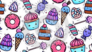 Seamless texture with cute, kawai sweets and confection on white background