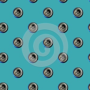 Seamless texture empty beer can on fashion blue vintage decorative background, repeat tiles, round design template.