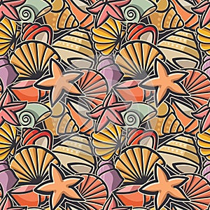 Seamless texture for fabric design on nautical theme with shells and starfishes