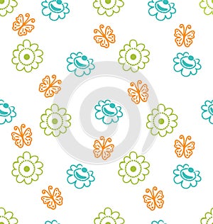 Seamless Texture with Flowers and Butterflies, Elegance Pattern