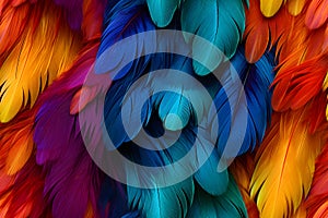 seamless texture and full-frame background of colorful feathers, neural network generated image.