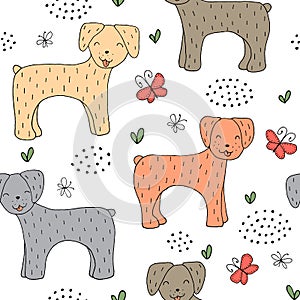 Seamless texture with funny dogs and hand drawn elements