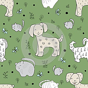 Seamless texture with funny dogs and hand drawn elements