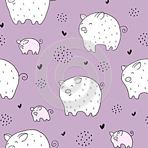 Seamless texture with funny pigs and hand drawn elements