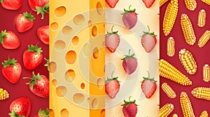 Seamless texture for game with cheese, strawberries and corn. Repeated patterns, 3D backgrounds, graphic user interface