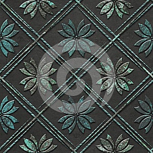 Seamless texture with geometric flowers pattern, oxide copper and bronze color, 3d illustration