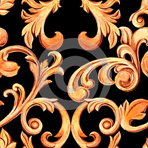 Seamless texture with golden elements of baroque. Renaissance decoration for design and textiles. watercolor hand drawn luxury