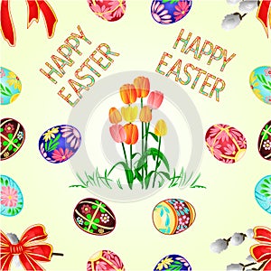 Seamless texture Happy Easter decoration Easter eggs and tulips on green grass, willov and bow. Seasonal Holidays in April.