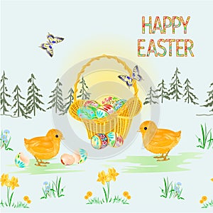 Seamless texture Happy easter spring landscape forest Easter  wicker  and easter eggs and Easter chicks butterfly in the grass