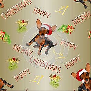 Seamless texture happy puppy dog Santa Merry Christmas and New yar and lettering lettering  vintage vector illustration editable