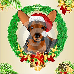 Seamless texture Happy puppy dog Santa Merry Christmas and New yar wreath spruce and  Cloverleaf and horseshoe pig and festive