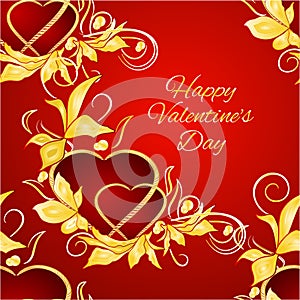 Seamless texture Happy Valentine day hearts with gold leaves festive red background vintage vector illustration editable hand