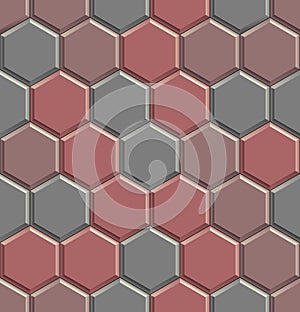 Seamless texture of hexagon concrete street tiles. 3D repeating pattern of red and gray honeycomb pavement stones