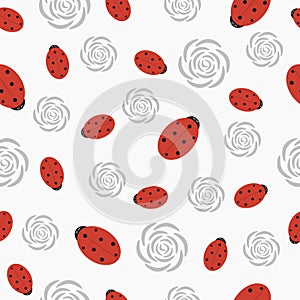 Seamless texture with ladybugs and roses.