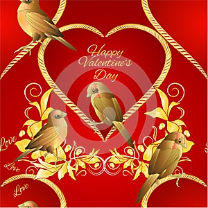 Seamless texture little golden birds and heart golden leaves valentines place for text red background vintage vector illustration