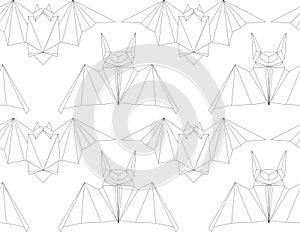 Seamless texture with outline poligonal bats in a row. Halloween holiday. Animal origami. Paper zoo. Vector line art pattern