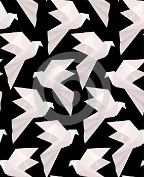 Seamless texture with paper white origami doves on a black background. Flying free birds. Vector 3d pattern