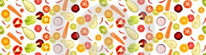 Seamless texture. Pattern of cut fresh fruits and vegetables