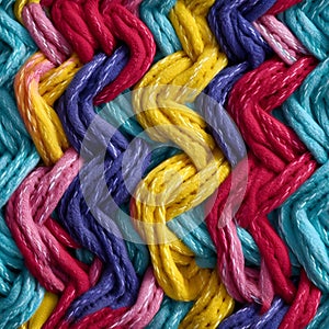 seamless texture and pattern of multicoloured ropes and twines twisted and plaited, neural network generated image