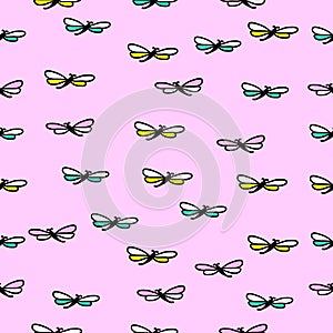 Seamless texture with pretty flying dragonfly on pink background