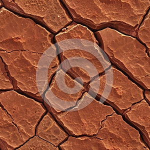 seamless texture of red rock, featuring rugged terrain and rusty red hues, Arid, lifeless scene, Mars-like appearance.