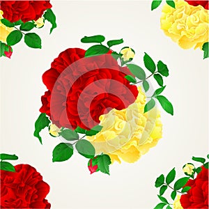 Seamless texture Red and yellow rose with buds and leaves vintage vector
