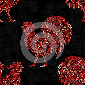 Seamless texture with rooster- symbol of 2017 fire cock. Suitable for design: cloth, web, wallpaper, wrapping. Vector