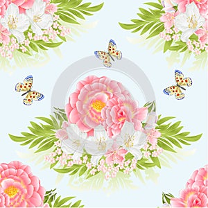 Seamless texture rose pink with orange center cherry blossom and jasmine with butterfly green background watercolor vintage vector