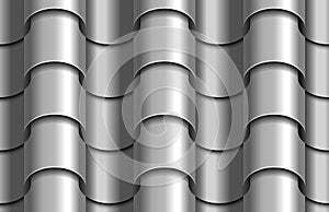 Seamless texture of silver corrugated waves rooftop background. Repeating gray pattern of silver metal tube roof tiles
