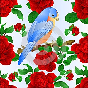 Seamless texture Small songbirdon Bluebird thrush and red rose spring background vintage vector illustration editable