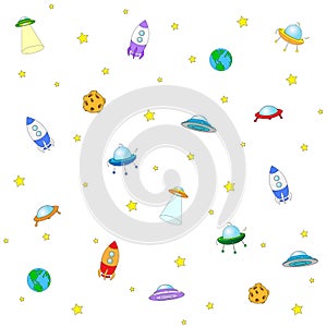 Seamless texture with space rocket, ufo, earth and moon. Vector