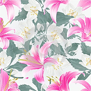 Sin costura textura primavera flores lirio rosa azucena a jazmín naturaleza antiguo ilustraciones 