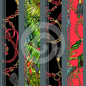 Seamless texture in the style of the 80s of belts and gold chains, jewelry, metal pendants, strelitzia and heliconia flowers