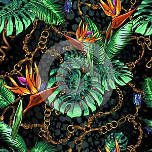 Seamless texture in the style of the 80s of belts and gold chains, jewelry, metal pendants, strelitzia and heliconia flowers