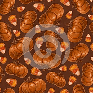 Seamless texture theme of halloween, elements of pumpkin and candy corn. Autumn wallpaper illustration on brown background